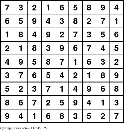 The grouppuzzles.com Answer grid for the Sudoku puzzle for Monday November 24, 2025