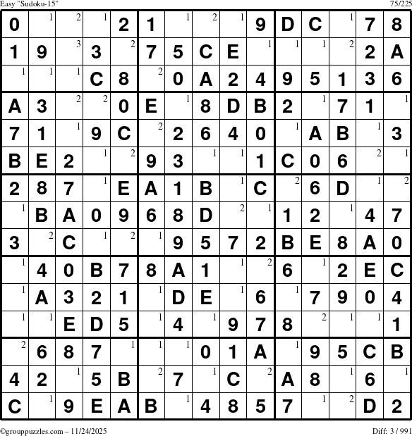 The grouppuzzles.com Easy Sudoku-15 puzzle for Monday November 24, 2025 with the first 3 steps marked