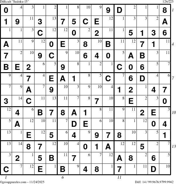 The grouppuzzles.com Difficult Sudoku-15 puzzle for Monday November 24, 2025 with all 14 steps marked
