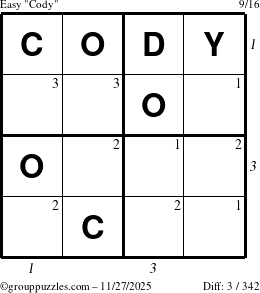 The grouppuzzles.com Easy Cody puzzle for Thursday November 27, 2025, suitable for printing, with all 3 steps marked