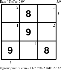 The grouppuzzles.com Easy TicTac-789 puzzle for Thursday November 27, 2025, suitable for printing, with all 2 steps marked