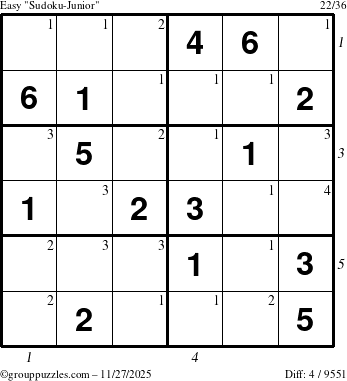 The grouppuzzles.com Easy Sudoku-Junior puzzle for Thursday November 27, 2025, suitable for printing, with all 4 steps marked