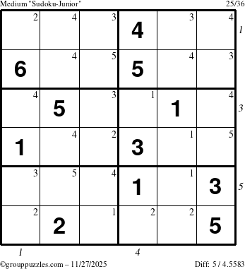 The grouppuzzles.com Medium Sudoku-Junior puzzle for Thursday November 27, 2025, suitable for printing, with all 5 steps marked