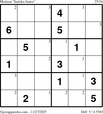 The grouppuzzles.com Medium Sudoku-Junior puzzle for Thursday November 27, 2025 with the first 3 steps marked