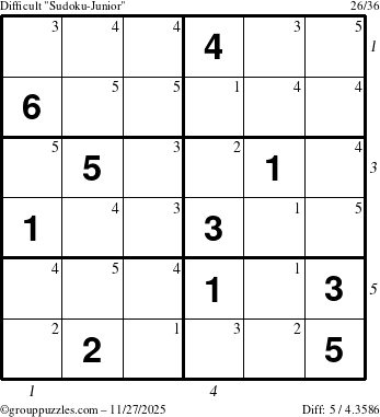 The grouppuzzles.com Difficult Sudoku-Junior puzzle for Thursday November 27, 2025, suitable for printing, with all 5 steps marked