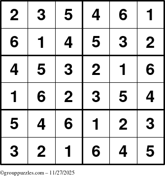 The grouppuzzles.com Answer grid for the Sudoku-Junior puzzle for Thursday November 27, 2025