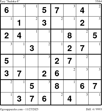 The grouppuzzles.com Easy Sudoku-8 puzzle for Thursday November 27, 2025 with the first 3 steps marked