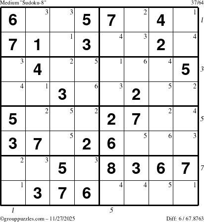 The grouppuzzles.com Medium Sudoku-8 puzzle for Thursday November 27, 2025 with all 6 steps marked