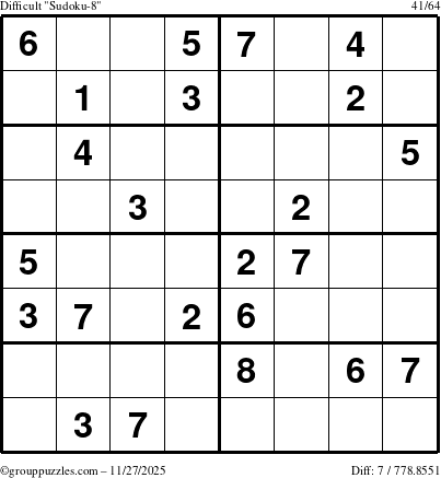 The grouppuzzles.com Difficult Sudoku-8 puzzle for Thursday November 27, 2025