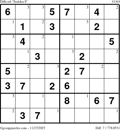 The grouppuzzles.com Difficult Sudoku-8 puzzle for Thursday November 27, 2025 with the first 3 steps marked