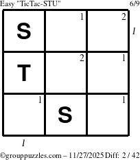 The grouppuzzles.com Easy TicTac-STU puzzle for Thursday November 27, 2025 with all 2 steps marked