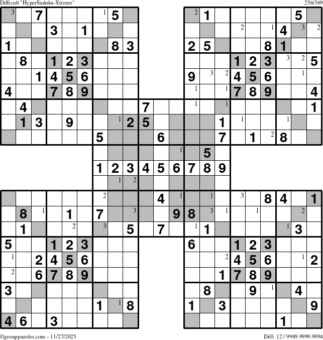 The grouppuzzles.com Difficult cover-HyperXtreme puzzle for Thursday November 27, 2025 with the first 3 steps marked