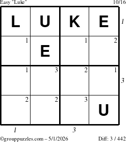 The grouppuzzles.com Easy Luke puzzle for Friday May 1, 2026 with all 3 steps marked