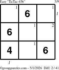 The grouppuzzles.com Easy TicTac-456 puzzle for Friday May 1, 2026 with all 2 steps marked