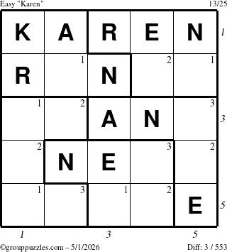 The grouppuzzles.com Easy Karen puzzle for Friday May 1, 2026, suitable for printing, with all 3 steps marked