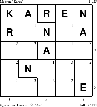 The grouppuzzles.com Medium Karen puzzle for Friday May 1, 2026, suitable for printing, with all 3 steps marked