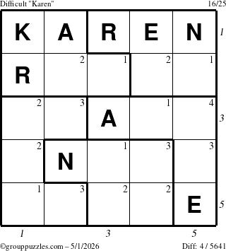 The grouppuzzles.com Difficult Karen puzzle for Friday May 1, 2026, suitable for printing, with all 4 steps marked