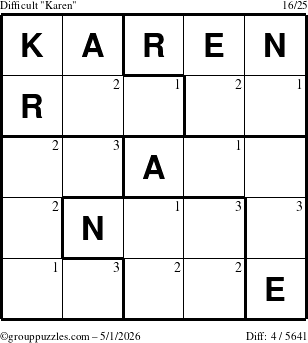 The grouppuzzles.com Difficult Karen puzzle for Friday May 1, 2026 with the first 3 steps marked