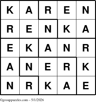 The grouppuzzles.com Answer grid for the Karen puzzle for Friday May 1, 2026