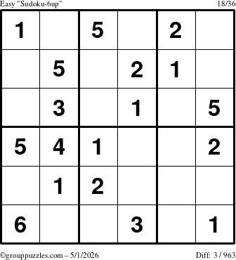 The grouppuzzles.com Easy Sudoku-6up puzzle for Friday May 1, 2026