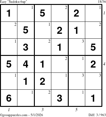 The grouppuzzles.com Easy Sudoku-6up puzzle for Friday May 1, 2026 with all 3 steps marked