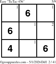 The grouppuzzles.com Easy TicTac-456 puzzle for Friday May 1, 2026 with the first 2 steps marked