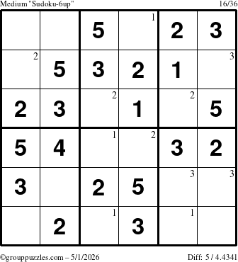 The grouppuzzles.com Medium Sudoku-6up puzzle for Friday May 1, 2026 with the first 3 steps marked