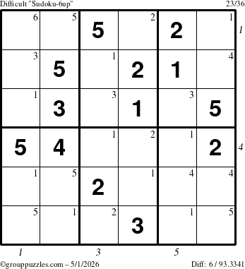 The grouppuzzles.com Difficult Sudoku-6up puzzle for Friday May 1, 2026, suitable for printing, with all 6 steps marked