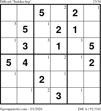 The grouppuzzles.com Difficult Sudoku-6up puzzle for Friday May 1, 2026 with the first 3 steps marked