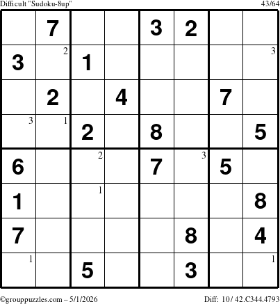 The grouppuzzles.com Difficult Sudoku-8up puzzle for Friday May 1, 2026 with the first 3 steps marked