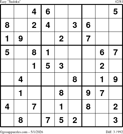 The grouppuzzles.com Easy Sudoku puzzle for Friday May 1, 2026