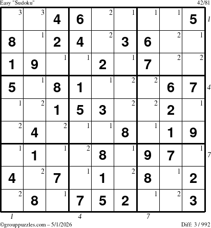 The grouppuzzles.com Easy Sudoku puzzle for Friday May 1, 2026, suitable for printing, with all 3 steps marked