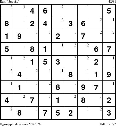 The grouppuzzles.com Easy Sudoku puzzle for Friday May 1, 2026 with the first 3 steps marked