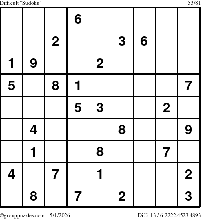 The grouppuzzles.com Difficult Sudoku puzzle for Friday May 1, 2026