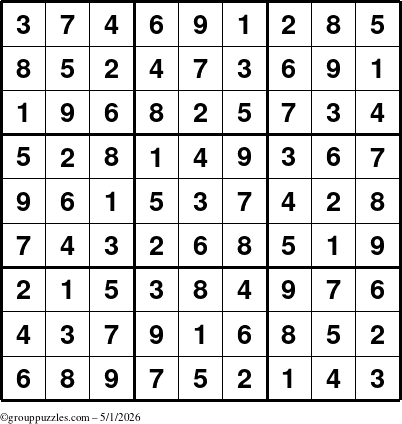 The grouppuzzles.com Answer grid for the Sudoku puzzle for Friday May 1, 2026