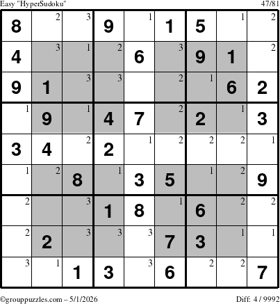 The grouppuzzles.com Easy HyperSudoku puzzle for Friday May 1, 2026 with the first 3 steps marked