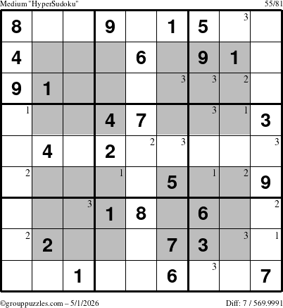 The grouppuzzles.com Medium HyperSudoku puzzle for Friday May 1, 2026 with the first 3 steps marked