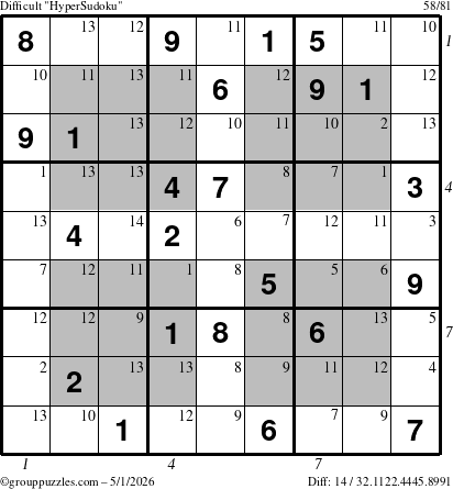The grouppuzzles.com Difficult HyperSudoku puzzle for Friday May 1, 2026, suitable for printing, with all 14 steps marked