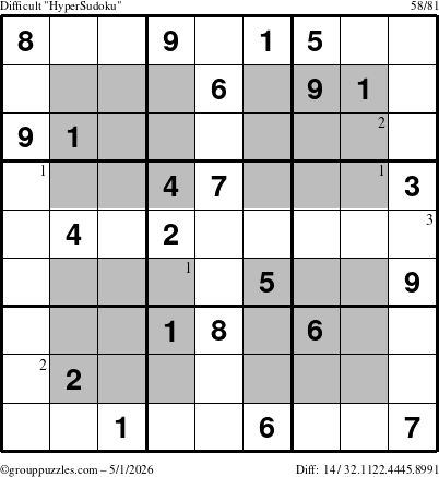 The grouppuzzles.com Difficult HyperSudoku puzzle for Friday May 1, 2026 with the first 3 steps marked
