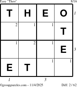 The grouppuzzles.com Easy Theo puzzle for Tuesday November 4, 2025, suitable for printing, with all 2 steps marked