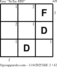 The grouppuzzles.com Easy TicTac-DEF puzzle for Tuesday November 4, 2025 with all 2 steps marked