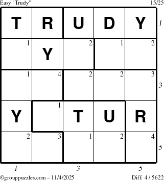 The grouppuzzles.com Easy Trudy puzzle for Tuesday November 4, 2025 with all 4 steps marked