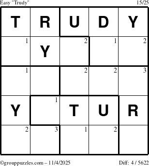 The grouppuzzles.com Easy Trudy puzzle for Tuesday November 4, 2025 with the first 3 steps marked