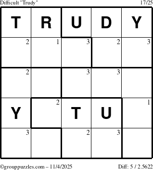 The grouppuzzles.com Difficult Trudy puzzle for Tuesday November 4, 2025 with the first 3 steps marked