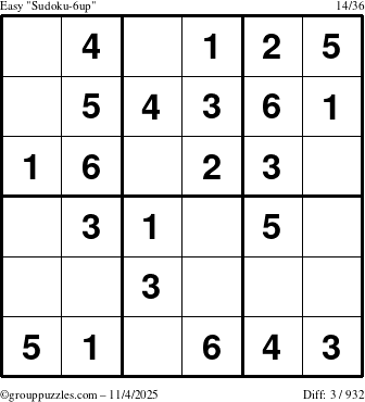 The grouppuzzles.com Easy Sudoku-6up puzzle for Tuesday November 4, 2025