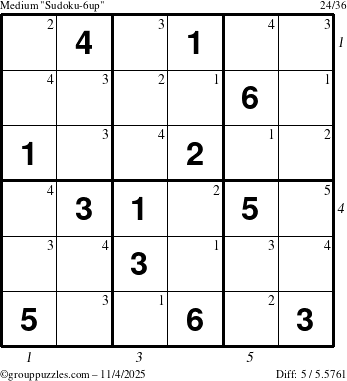 The grouppuzzles.com Medium Sudoku-6up puzzle for Tuesday November 4, 2025 with all 5 steps marked