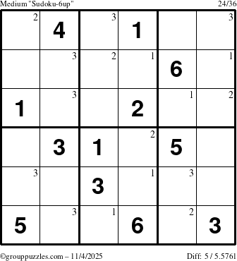 The grouppuzzles.com Medium Sudoku-6up puzzle for Tuesday November 4, 2025 with the first 3 steps marked
