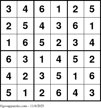 The grouppuzzles.com Answer grid for the Sudoku-6up puzzle for Tuesday November 4, 2025