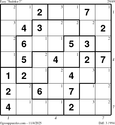 The grouppuzzles.com Easy Sudoku-7 puzzle for Tuesday November 4, 2025 with all 3 steps marked