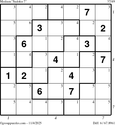 The grouppuzzles.com Medium Sudoku-7 puzzle for Tuesday November 4, 2025, suitable for printing, with all 6 steps marked